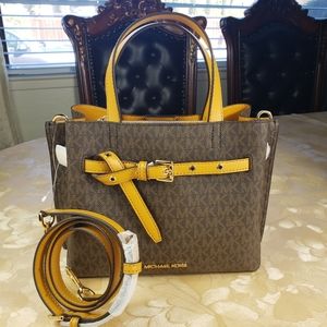 Michael Kors Emilia Small Satchel Crossbody Brown MK Signature 